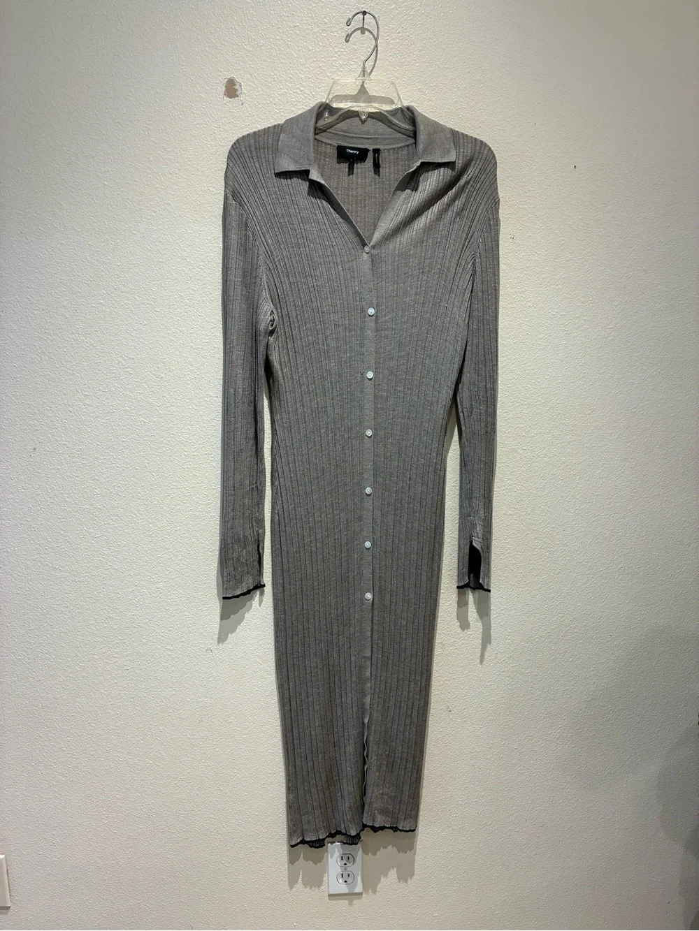 Theory washable silk rib cardigan in Grey Knitwear Minimalist Quiet Luxury Sz L